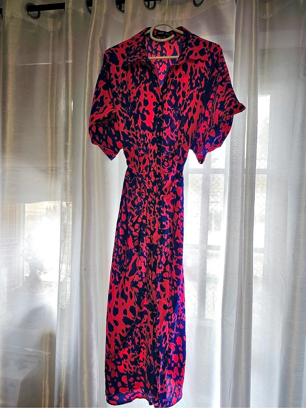 SHEIN Clasi Leopard Print Belted Shirt Dress Red & Blue